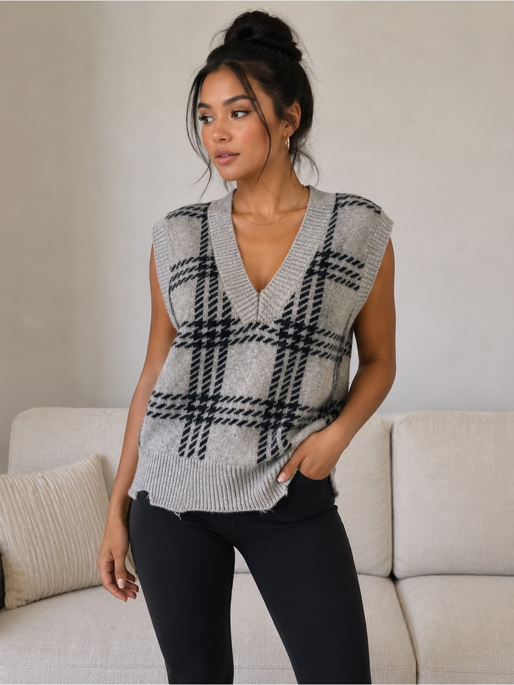 MYSTREE Beige/Gray Plaid Sweater Vest